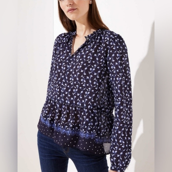 LOFT Size M Peplum Blouse Navy Blue Floral Ruffle Hem Business Casual Chiffon - Picture 1 of 8